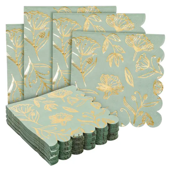 50-Pack Green Paper Napkins with Gold Foil Floral Design and Scalloped Edges, Green Flower Napkins for Weddings, Baby Showers, Bridal Showers, and Garden Parties (3-Ply, 5 x 5 in) {1}