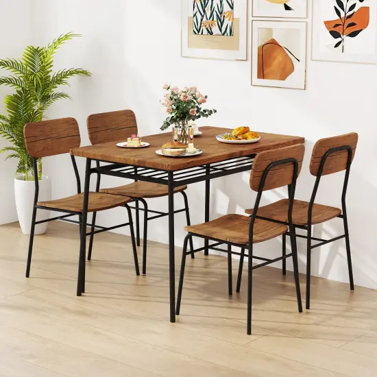 5-Piece Table Set for 4 with Metal Frame and Storage Rack-Brown {3}