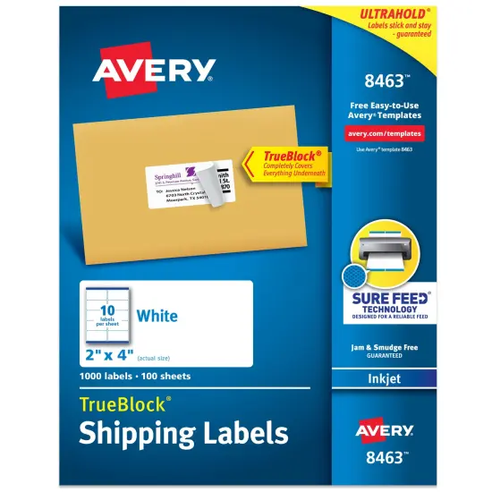 Avery Printable Shipping Labels with Sure Feed, 2" x 4" Customizable Stickers, White, 1,000 Blank Mailing Labels, Great for Mailing, Shipping, and More (8463) {1}