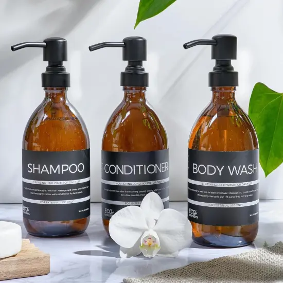ECO Amenities 3 Pack Amber Glass Soap Dispenser Pump, 16.9 fl oz. (500mL), Modern Vintage Bottles for Bathroom & Kitchen, Ideally Used at Home, Hotel, Gym, Motel, Short Term AirBnb Rental, and VRBO {3}