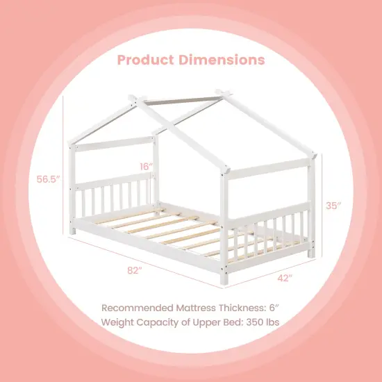 Wooden Twin Size House Bed with Roof Frame for Kids Bedroom White {5}