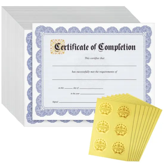 48 Sheets Blue Floral Certificate of Completion Paper for Printing with Gold Foil Sticker Seals - Customizable with Border for Graduation, Diploma, Awards, Recognition Documents (8.5 x 11 in) {1}
