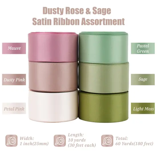 6 Rolls Sage Green and Dusty Rose Ribbon 1 Inch Green Pink Satin Ribbon Blush and Sage Ribbon for Wedding Baby Shower Backdrop Garland Gift Wrapping - 60Yards {1}