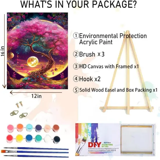 Paint by Numbers Kit for Adults Framed with Wooden Easel, Tree with Moon Painting by Numbers for Adults, Acrylic {2}