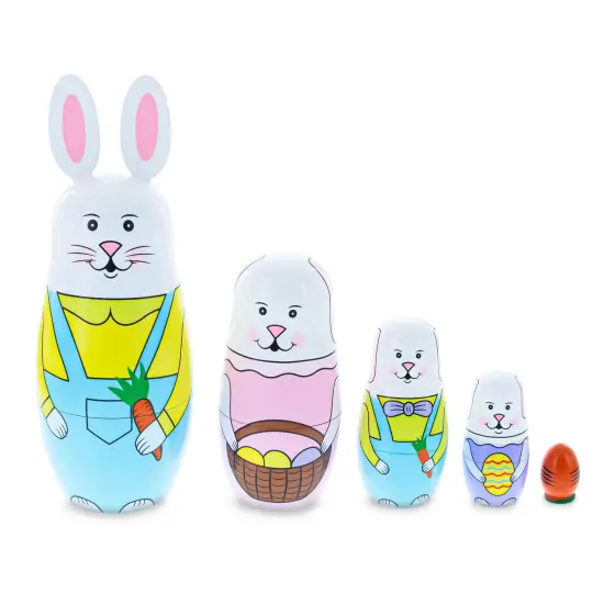 Set of 5 Bunnies Wooden Nesting Dolls 7 Inches Tall {1}