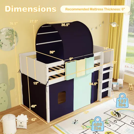 Twin Size Playhouse Loft Bed Frame with Tower Tent and 3 Storage Pockets for Kids Navy {4}