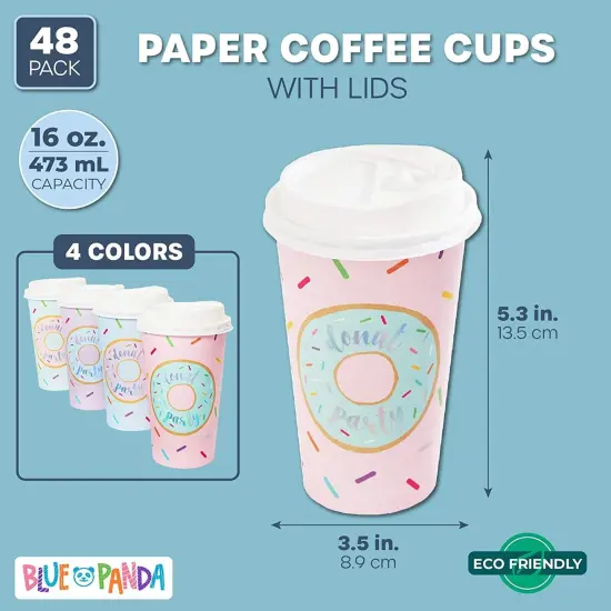 48 Pack Disposable 16oz Coffee Cups with Lids - Donut Party Supplies - Paper To Go Cup for Themed Birthday Party, Wedding, Baby Shower Multicolor {2}