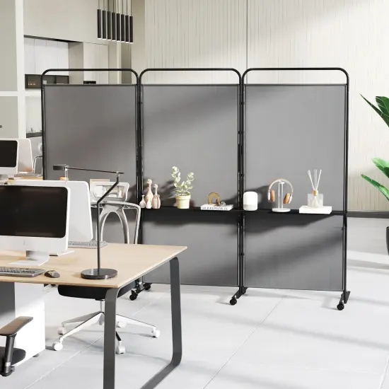 3-Panel Folding Room Divider with 3 Metal Shelves and Lockable Wheels Grey {2}