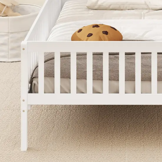 Wood Montessori Twin Bed with House-shaped Headboard, Guardrails, Built-in Storage Shelf White {6}