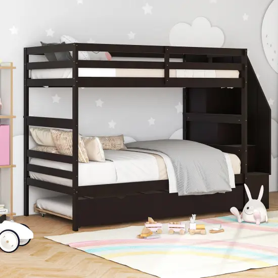 Twin Bunk Bed with Guard Rail and 4-Step Storage Stairs No Box Spring Needed Brown {6}