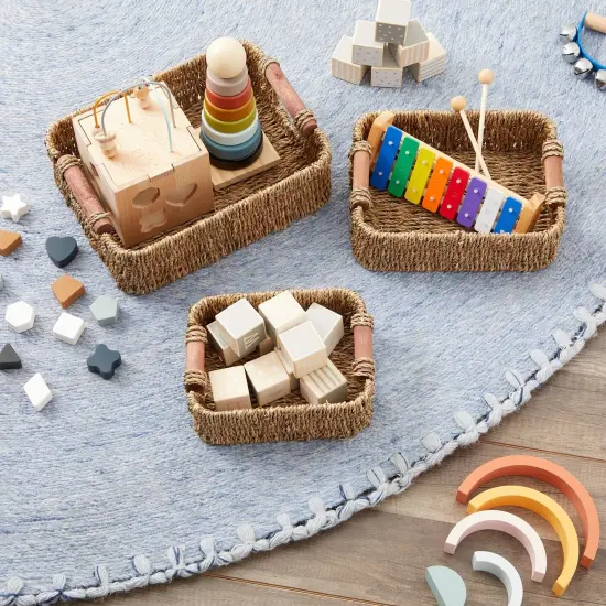 Set of 3 Small Wicker Baskets for Storage, Woven Nesting Bins with Handles for Bathroom Towels and Toilet Paper Organization, Closet, Shelf, Kitchen (3 Assorted Sizes) Brown {3}