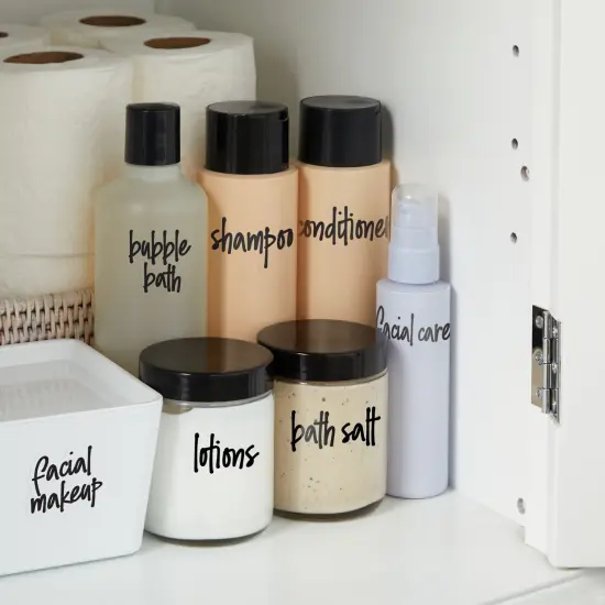 Talented Kitchen 192 Preprinted Bathroom Labels for Containers - Black Script Stickers for Organizer Bins, Bath, Beauty Canisters, and Makeup Storage Organization (Water Resistant) {7}