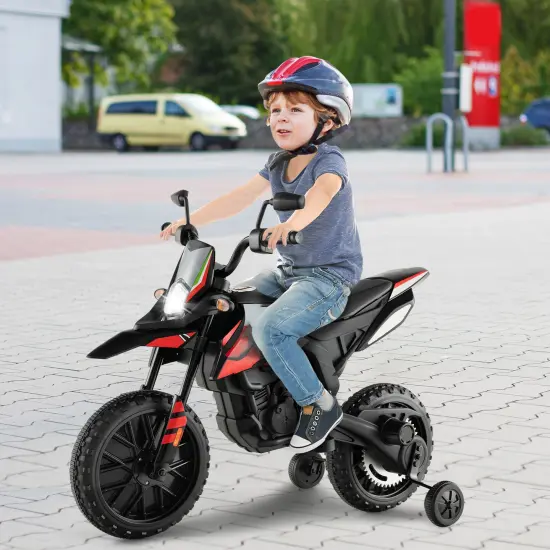 Metal 12V Kids Motorcycle with Dual Motors, Music and Training Wheels Red {2}
