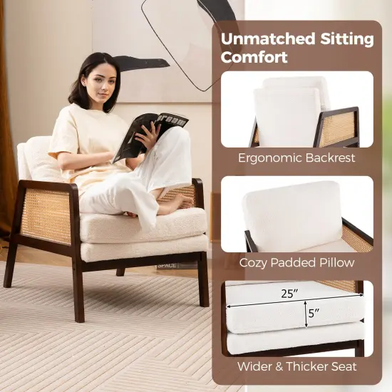 Mid Century Modern Accent Chair with Rattan Arms and Cushion Brown {6}