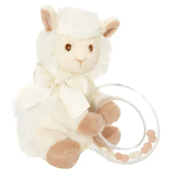 Bearington Baby Lil&rsquo; Alma Stuffed Animal Rattle: 5.5&rdquo; Llama Shaker Toy with Soft Plush Faux-Fur, Satin Bow, Clear Ring and Moving Beads; Makes a Great Baby Shower Gift White {1}
