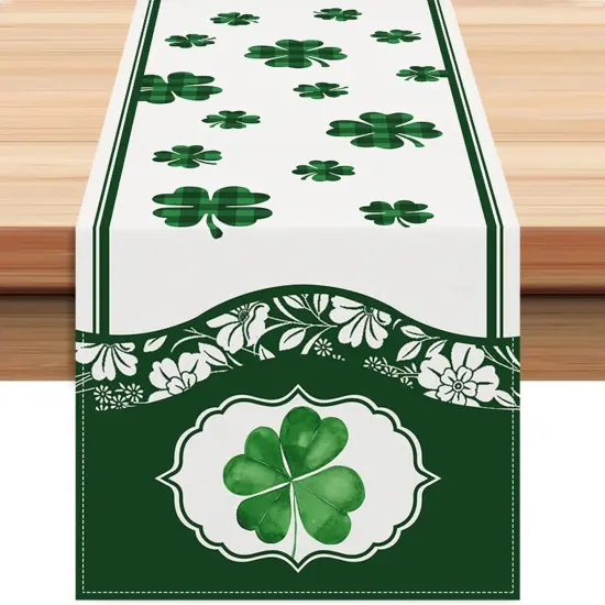 Lucky Clover Green Shamrocks Table Runner, Seasonal St Patrick's Day Holiday Kitchen Dining Table Runner {1}