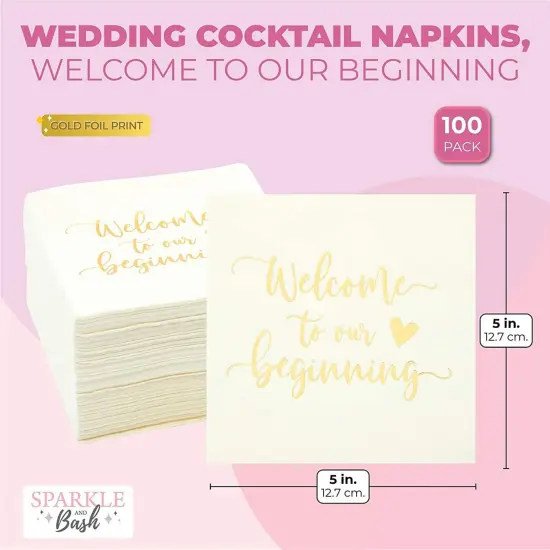 Wedding Cocktail Napkins, Welcome to our Beginning (White, 5 In, 100 Pack) {2}