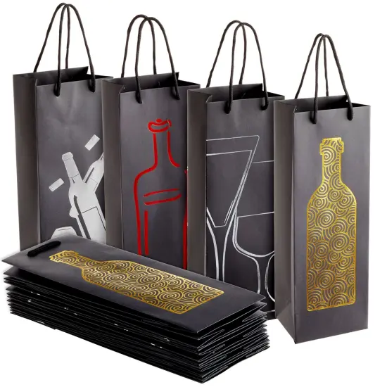 12-Pack Wine Gift Bags with Rope Handles, 4 Assorted, Elegant Black Metallic Foil Designs for Wine Bottles, Liquor, Champagne, Sparkling Cider (13.7x4.6x4 inches) {1}