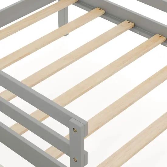 Wooden Twin House Bed with Storage Drawers Blackboard and Guardrails for Kids Grey {6}