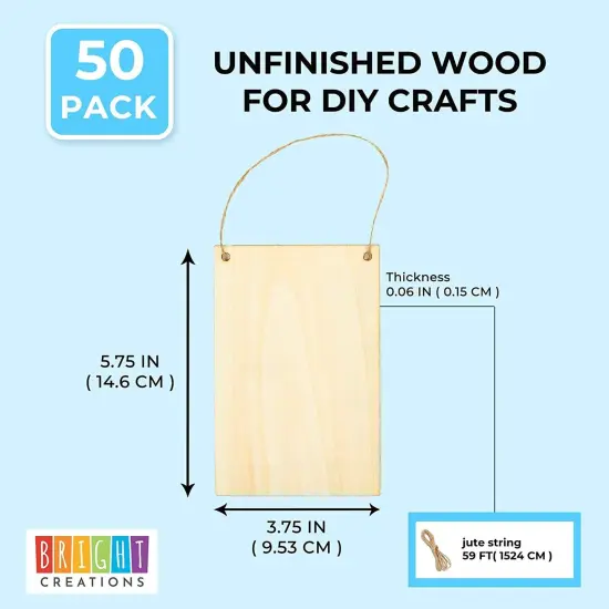 50 Pack Unfinished Wood Plaque Blanks with Jute String for Crafts, DIY Party Banners, Wooden Pennants, Blank Wooden Signs for Crafts, Art Projects (3.75 x 5.75 In) Brown {4}