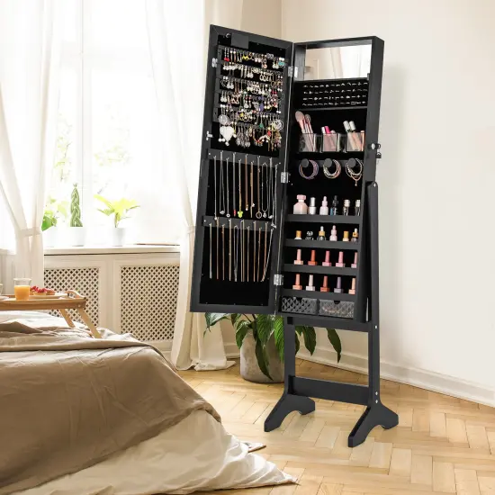 Full Length Mirror Jewelry Cabinet with 20 Warm Lights and 4 Tilt Angles Black {1}