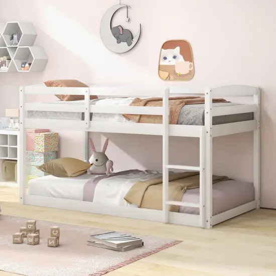 Metal Twin Size Bunk Bed with High Guardrails and Integrated Ladder for Safety and Easy Access White {6}