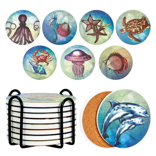 Set of 8 Ocean Animal Ceramic Table Coasters for Drinks with Holder and Cork Base (4 In) Multicolor {1}