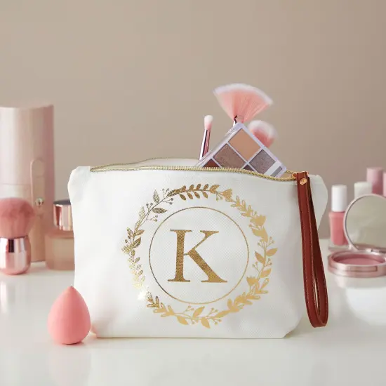 Gold Initial K Personalized Makeup Bag for Women, Monogrammed Canvas Cosmetic Pouch (White, 10 x 3 x 6 In) {2}