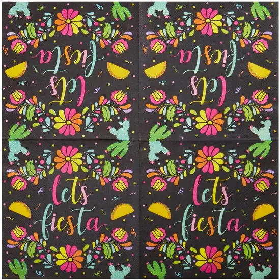 100 Pack Let's Fiesta Party Napkins for Kids Birthday, Cinco de Mayo Decorations (Black, 6.5 In) Multicolor {5}