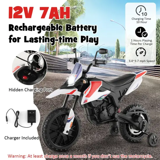 Metal 12V Kids Motorcycle with Dual Motors, Music and Training Wheels White {5}