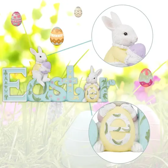 Easter Tabletop Decoration Figurine Centerpiece - Spring Bunny Decor Hand Painted Green Easter Word with 2 Rabbit Easter Decorations for The Home Farmhouse Party 11.75*2.75*5.75 in Newman House Studio {4}