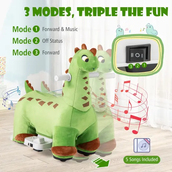 Green Plastic 6V Kids Ride-On Dinosaur with Foot Pedal, Padded Seat, and Music {5}