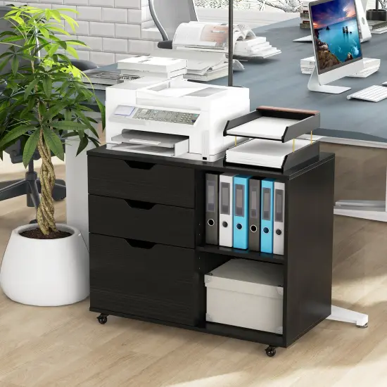 Modern Mobile File Storage Cabinet with Large Tabletop 3 Drawers and Smooth Rolling Wheels Black {2}