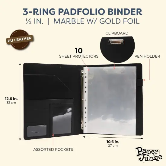 Marble and Gold Foil 3 Ring Binder with Pockets, Portfolio Organizer with Clipboard (10.5 x 12.5 Inches) White {4}