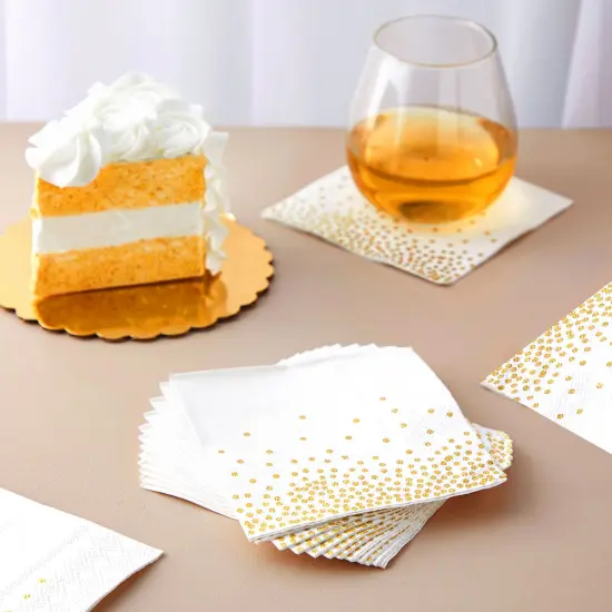 100 Pack Disposable White and Gold Paper Cocktail Napkins for Wedding Reception, Polka Dot Party Supplies (5 x 5 In) {3}