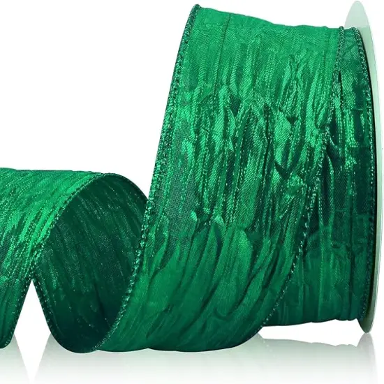 Royal Green Crinkled Sheer St. Patrick's Day Ribbon 2.5" x 10 Yards Wired Mardi Gras Ribbon for Mardi Gras Bow Making Decorations Gift Wrapping Floral Bouquets Holiday Party Supplies {1}