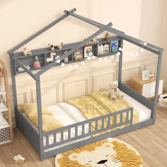 Twin Floor Bed with House Frame, Storage Shelf, Guardrails, Montessori Design, and Solid Wood Construction Grey {3}