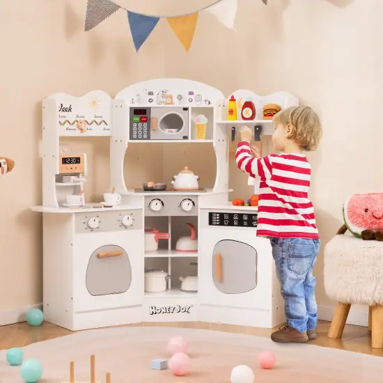 Wooden Corner Play Kitchen with Coffee Machine, Slide, and Storage for Kids White {2}