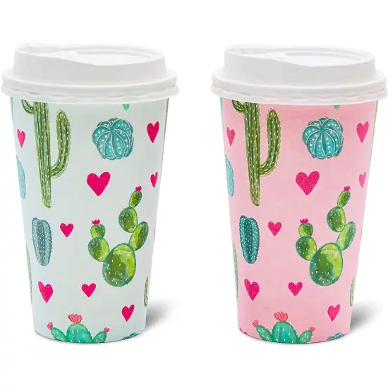 48 Pack Disposable 16oz Coffee Cups with Lids - Cactus Party Supplies - Paper To Go Cup for Themed Birthday Parties, Weddings, Baby Showers Multicolor {7}