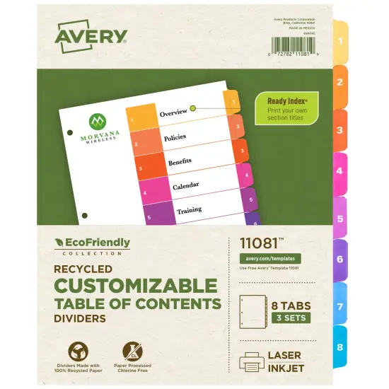 Avery EcoFriendly Recycled Dividers for 3 Ring Binders, 8 Tabs per Set, Customizable Table of Contents, Multicolor Tabs (3 Sets of 11081) {1}