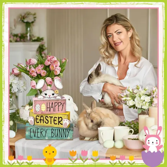 4 Pcs Easter Table Decorations Bunny Tiered Tray Decor Wooden Bunny Block Signs {4}