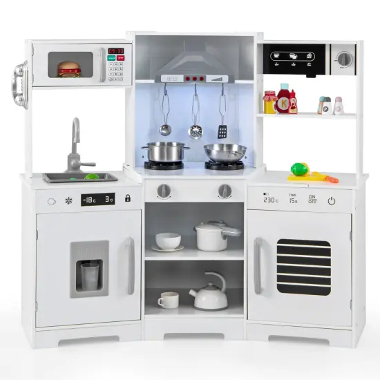 Wooden Pretend Play Kitchen Toy Set with Range Hood, Real Sounds & Lights, Interactive Kitchen Playset for Kids White {3}