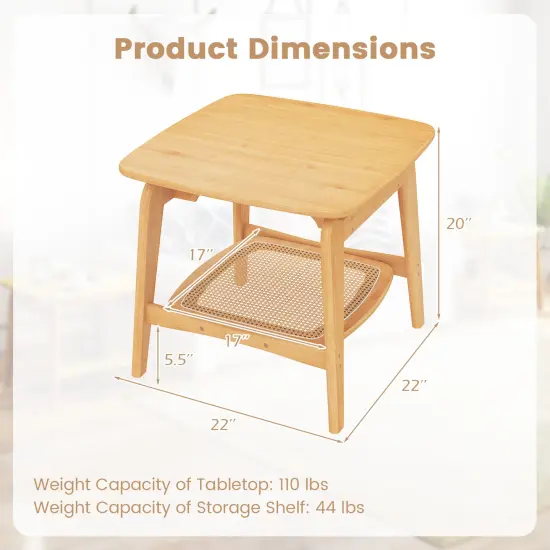 Wicker Sofa Side Table with Faux Rattan Storage Shelf-Natural {5}