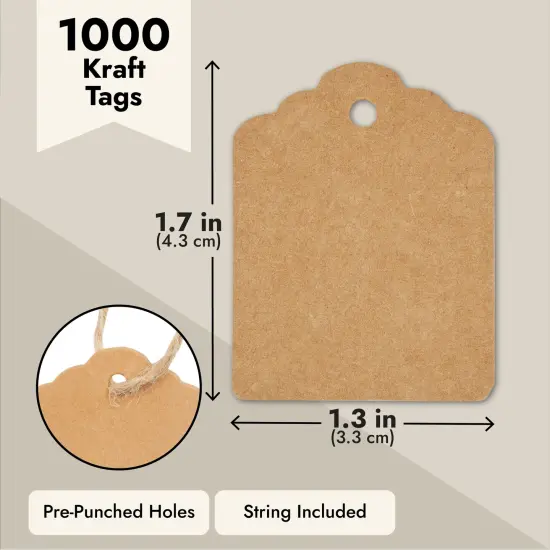 1000-Pack Kraft Paper Gift Tags with Jute Twine String, Blank Merchandise Price Hanging Labels 1.3 x 1.7, Bulk Brown Tags for Wedding, Birthday, Holiday, Party Favor, Art and Craft Wrapping {6}