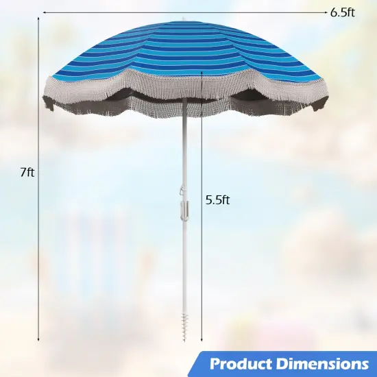 6.5 FT Beach Umbrella with Fringe, Outdoor Tassel Design, Push Button Tilt, UV Protection Navy {4}