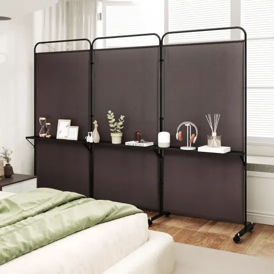 3-Panel Folding Room Divider with 3 Metal Shelves and Lockable Wheels Brown {6}