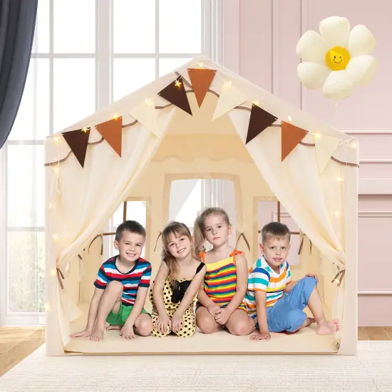 Kids Large Play Tent House with 2 Opening Door and Star Lighting Perfect for Gift Beige {3}