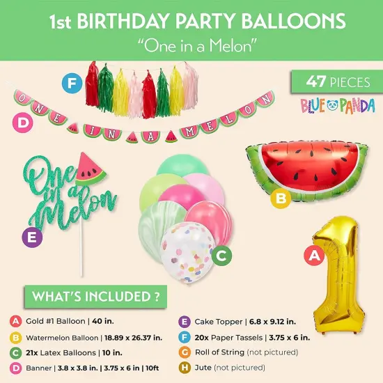 47 Piece 1st Birthday Decorations for Girls, One in a Melon Banner, #1 and Watermelon Balloons, Latex Balloons, Cake Topper, and Paper Tassels Multicolor {2}