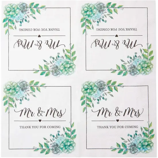 Succulent Floral Mr. and Mrs. Paper Napkins for Wedding (6.5 x 6.5 x 0.01 inches, 100 Pack) White {6}