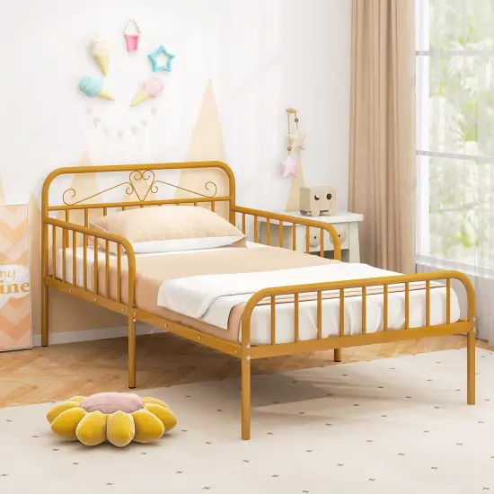Twin Size Metal Bed Frame with Headboard Included Safety Side Guardrails Gold {1}